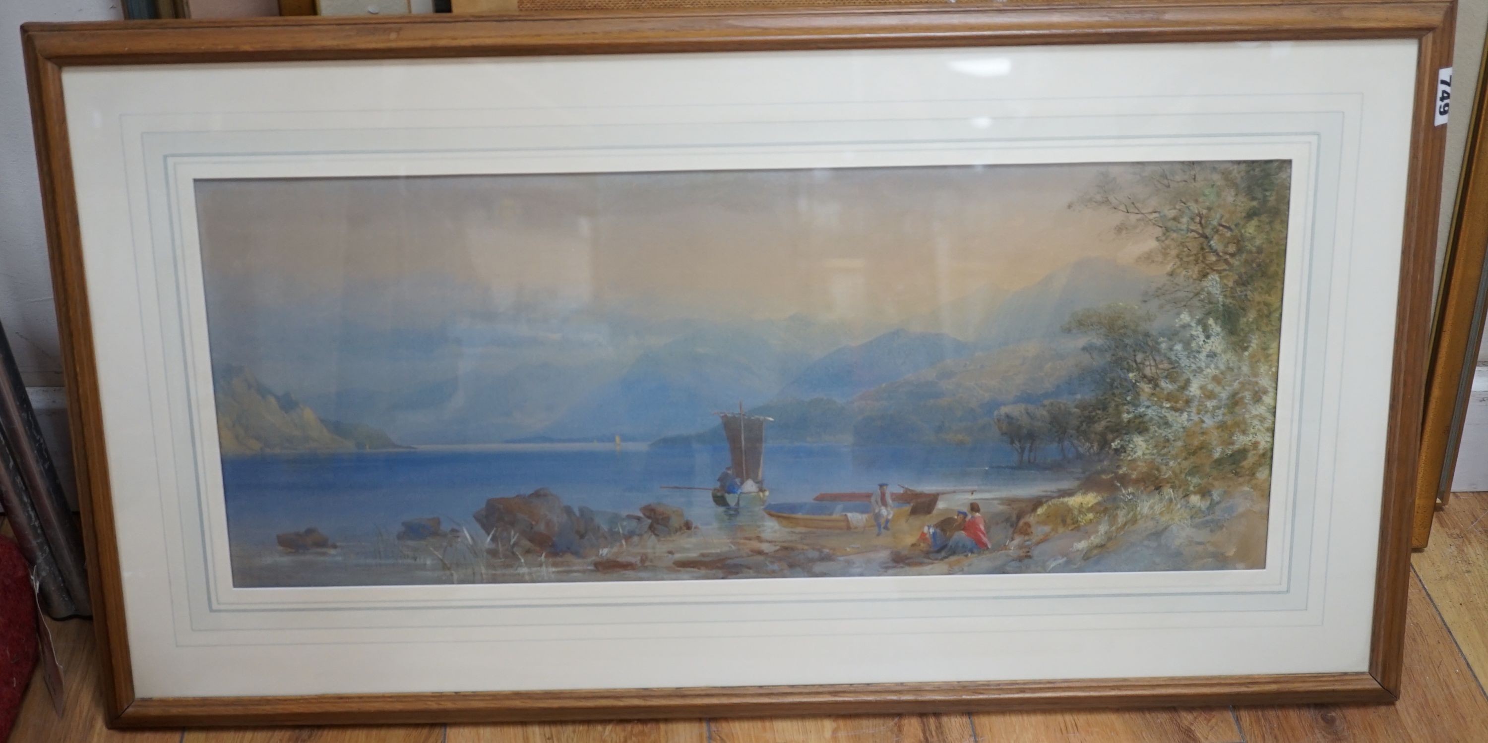 James Burrell Smith (1822-1897), Figures on the shore of Loch Katrine, bodycolour and watercolour, signed and dated 1862, 25.5 x 62.25cm